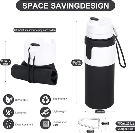 Collapsible Water Bottles for Travel - 26oz BPA-Free Foldable with Carabiner, Lightweight Leak-Proof Design, Portable Reusable Bottle for Hiking, Airplane, Camping (Black)