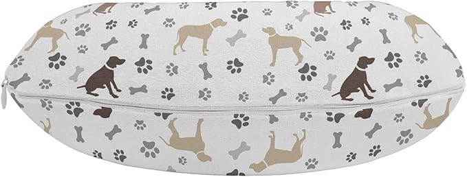 Ambesonne Dog Lover Travel Pillow Neck Rest, Paw Print Bones and Dog Silhouettes American Foxhound Breed Playful Pattern, Memory Foam Traveling Accessory for Airplane and Car, 12", Umber Beige Grey