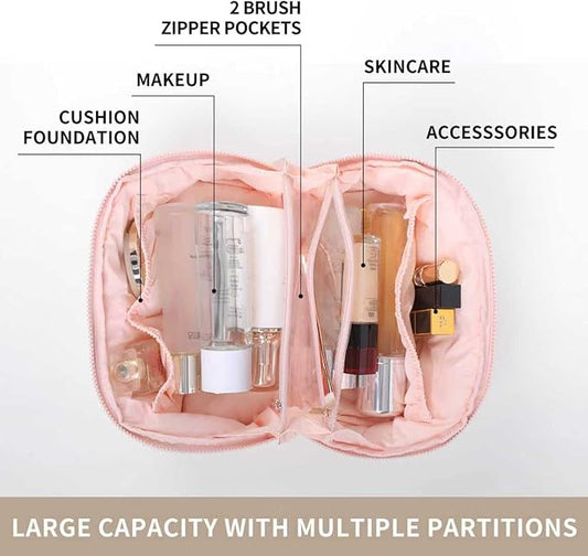 Cute Makeup Bag for Women - Travel Cosmetic Pouch with Large Capacity, Water-Resistant Nylon Make Up Organizer Pink