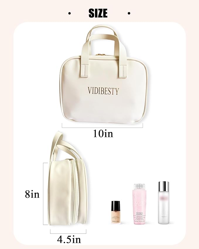 Travel Makeup Bag Skin-feel Leather, Large Capacity Cosmetic case for Women, Waterproof Portable Make up Organizer with Divider and Handle for Toiletries, Beauty Essentials (Beige)