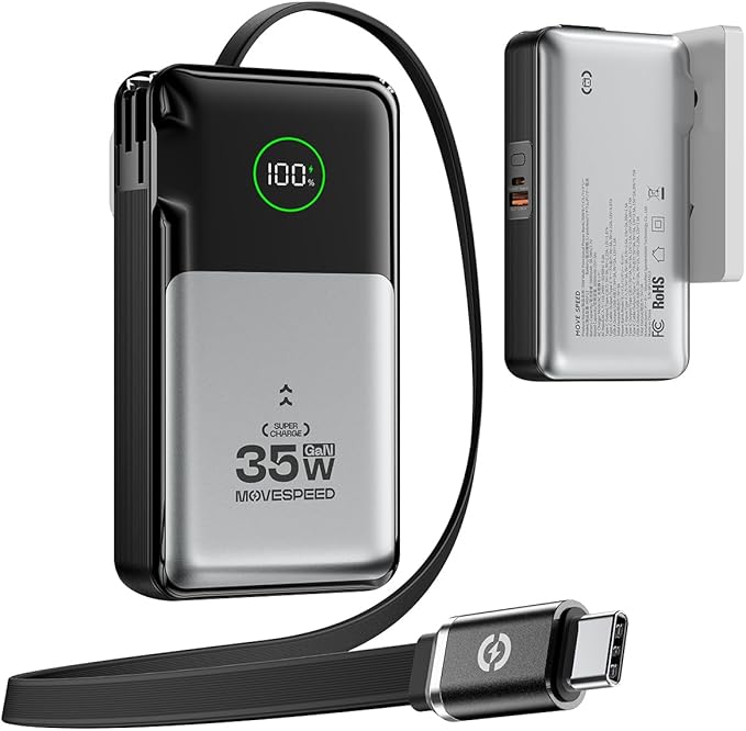 MOVE SPEED 3 in 1 Portable Charger with Built-in Retractable 27.6in Cable and Foldable Wall Plug, 35w 10,000mAh Fast Charging Power Bank, Travel Essential Battery Pack for iPhone 17/16/15,Galaxy