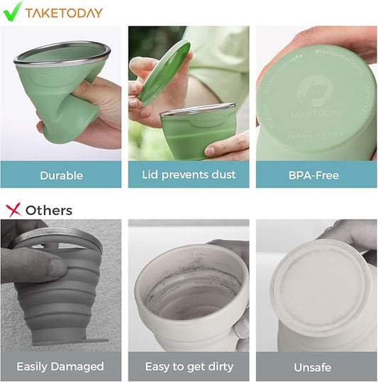 TakeToday Collapsible Travel Cup - Silicone Foldable Water Cup, BPA-Free with Lid & Waterproof Bag - Drinking Cup Set for Office, Camping & International Travel(8 Oz, Green)