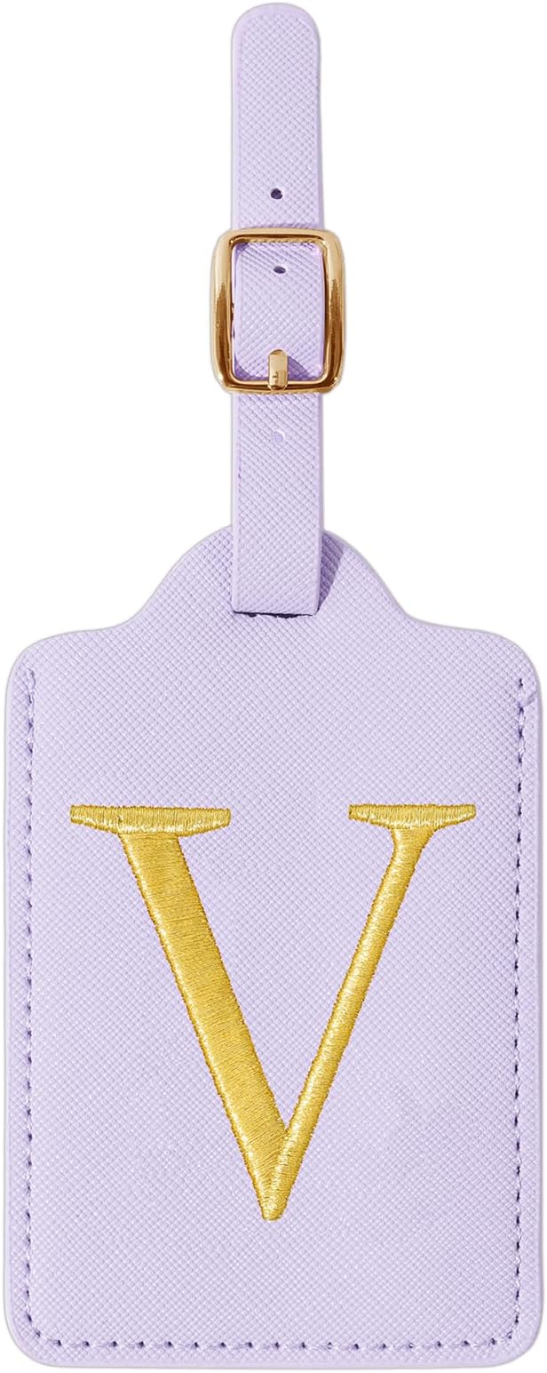 Personalized Initial Luggage Tags for Suitcase, Purple Leather Cute Luggage Tags with Privacy Cover Name Card, Embroidered Custom Monogrammed Luggage Tag Travel Backpack Tags Gifts for Women Kids(V)