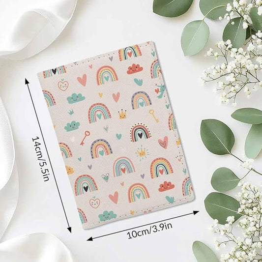 Magic Rainbows Passport Holder for Travel Smiling Heart Key Crown PU Leather Passport Cover Wallet Cute Passport Card Holder for Women and Men