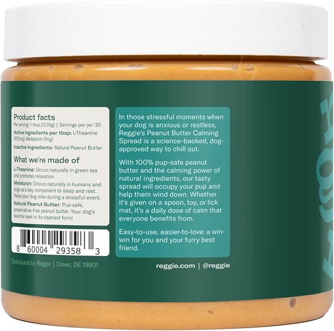 Reggie Calming Spread for Dogs | Natural Peanut Butter with Melatonin & L-Theanine to Reduce Hyperactivity, Separation Anxiety, & Stress | Vet-Approved for All Ages, Breeds, and Sizes - 30 Servings