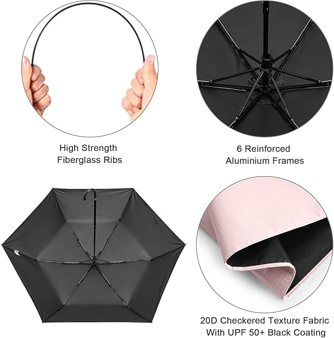 G4Free Mini Travel Umbrella UPF 50+ Ultralight Slim UV Protection Parasol, Windproof Compact Umbrella for Sun & Rain, Portable with J Hook Curved Handle Japanese Style for Women