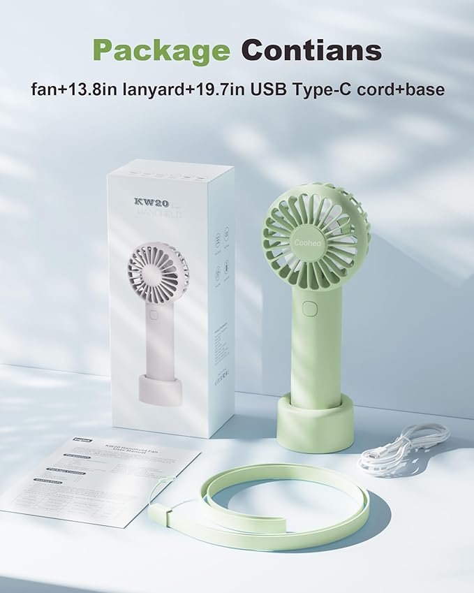 Coohea Mini Handheld Fan, Small Cute Design, 3 Powerful Speeds, USB Rechargeable Battery Operated, Portable Personal Fan with Base & Lanyard, for Eyelash Makeup Travel Beach Office Desk, Green