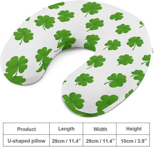 Women’s Travel Pillow U-Shaped Memory Foam Neck Rest, Green Shamrocks Lucky Grass Clovers Pattern U-Shape, Washable Airplane Car Support