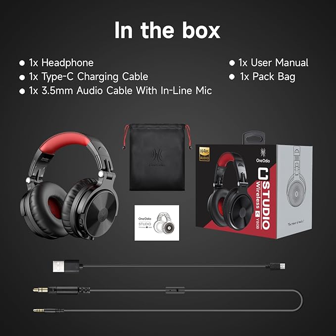 OneOdio Bluetooth Over Ear Headphones, 110 Hrs Wireless/Wired Stereo Sound Foldable Headsets with Deep Bass 50mm Neodymium Drivers for PC/Phone/Tablet - Studio Wireless Pro C, Red