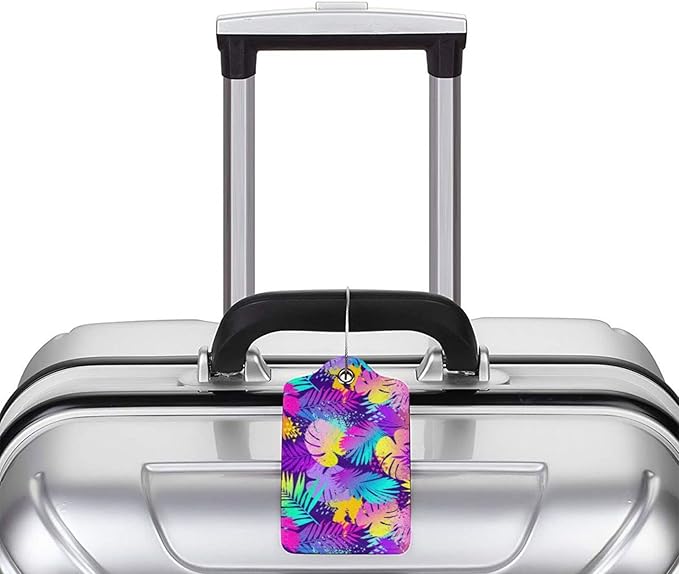 Set of 2 Purple Leaves of Palms Tree Luggage Tags for Suitcases, Colorful Art Tropical Flavour Leather Suitcase Tag Name Identifiers Labels for Travel Bag Baggage Backpack