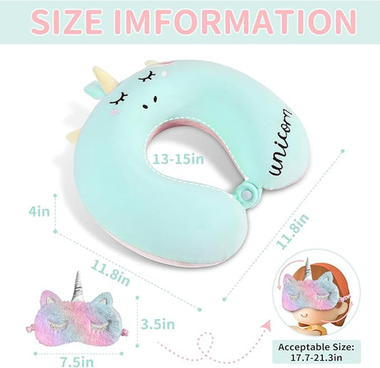 Neck Travel Pillow for Kids, Unicorn Airplane Memory Foam Pillow with Cute Sleep Mask & Earplugs, Lightweight Travelling Sleeping Pillow Set for Car, Train, Bus and Home Use (Blue)