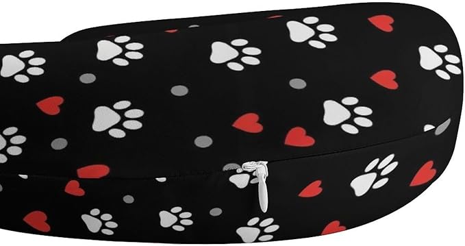 Memory Foam Travel Pillow Paw Prints and Hearts On Black, Breathable Chin Head Support, Washable Zip Cover for Airplane Car Office Pain Relief