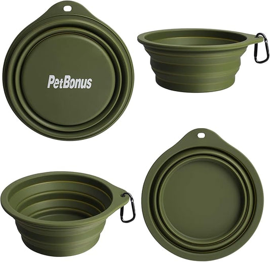 PetBonus 2-Pack Large Silicone Collapsible Dog Bowls, 34oz/1000ml BPA Free Portable Foldable Travel Bowl for Pet Cat, Food Water Feeding Dish for Camping with 2 Carabiners (Army Green, Navy Blue)