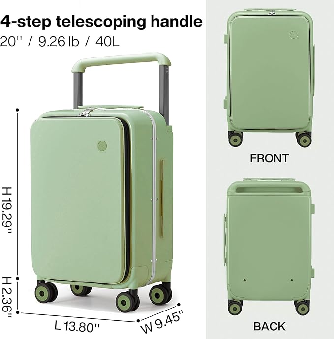 mixi Carry On Luggage Wide Handle Luxury Design Rolling Travel Suitcase PC Hardside with Aluminum Frame Hollow Spinner Wheels, with Cover, 20 inch, Avocado Green