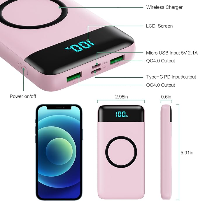 Wireless Portable Charger 30,800mAh 15W Wireless Charging 25W PD QC4.0 Fast Charging Smart LED Display USB-C Power Bank,4 Output& 2 Input External Battery Pack Compatible with iPhone,Samsung etc-Pink