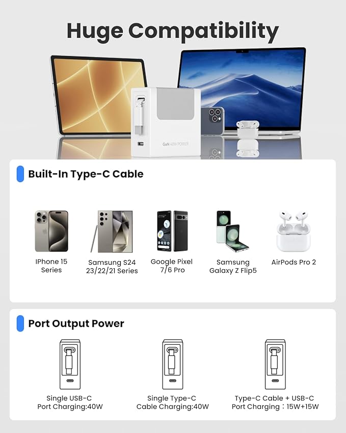 Gitryin Portable USB C Charger Block, Retractable Wall Charger, 40W PD Fast Charging Block with 33.5in Type-C Cable, Power Adapter with Foldable Plug for iPhone 16/15, Galaxy S23 22, White