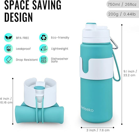 Nefeeko Collapsible Water Bottle, BPA Free 26oz Foldable Water Bottle for Travel Sports, Leak-Proof Spill-Proof Portable Water Bottles with Carabiner, Lightweight