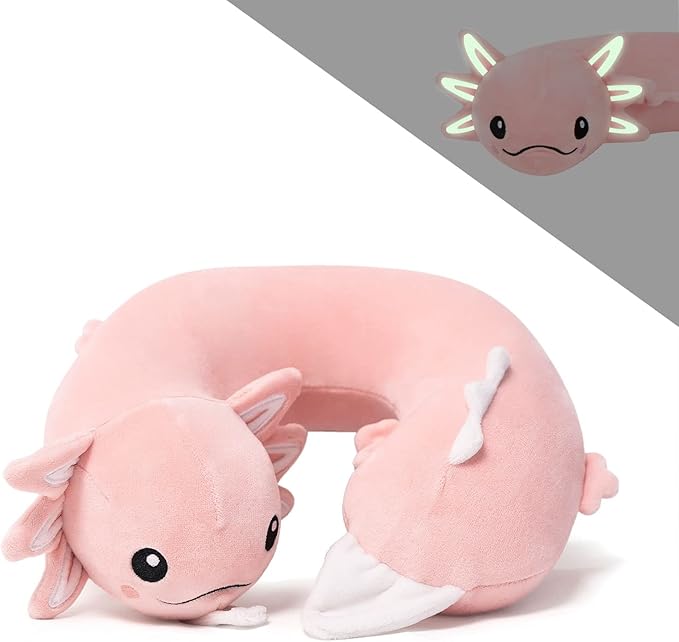 Niuniu Daddy Axolotl Kids Travel Pillow Road Trip Essentials for 9-12 Years Old - Soft Memory Foam Kids Neck Pillow for Airplane Travel Sleeping Essentials- Luminous Cervical Neck Pillow for Adults