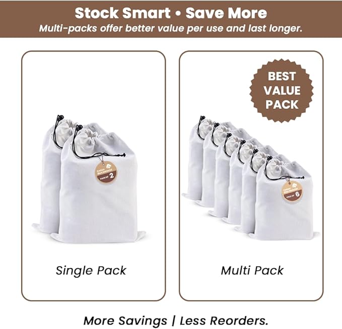 LFH Cotton Rich Shoe Storage Bags with Drawstring, Dustproof Breathable Reusable Organizer, Perfect For Travel, Dorm, Hotel, College, Gym, Easy to Carry, Machine Washable 12"x17" (Pack of 6) - White