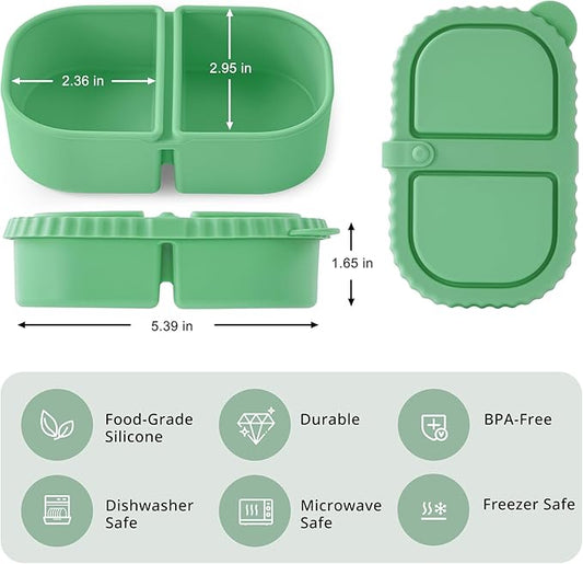 3 Pack Silicone Reusable Snack Containers with Lids - 8 Oz Double Compartment Snackle Box for Kids & Adults, Leakproof Small Divided Dipping Sauce Cup for School, Office, Picnic
