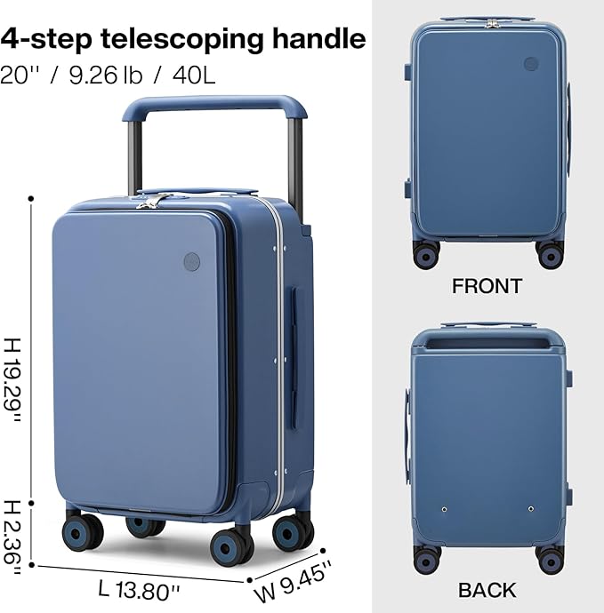 mixi Carry On Luggage Wide Handle Luxury Design Rolling Travel Suitcase PC Hardside with Aluminum Frame Hollow Spinner Wheels, with Cover, 20 inch, Sapphire Blue