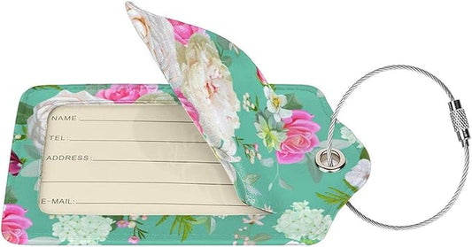 Set of 2 Beautiful Floral-Themed Luggage Tags with Pink and White Roses Flower Pattern, Cute Succulent Green Suitcase Travel Tags for Women Girls, Name ID Identifier Labels with Full Privacy Cover