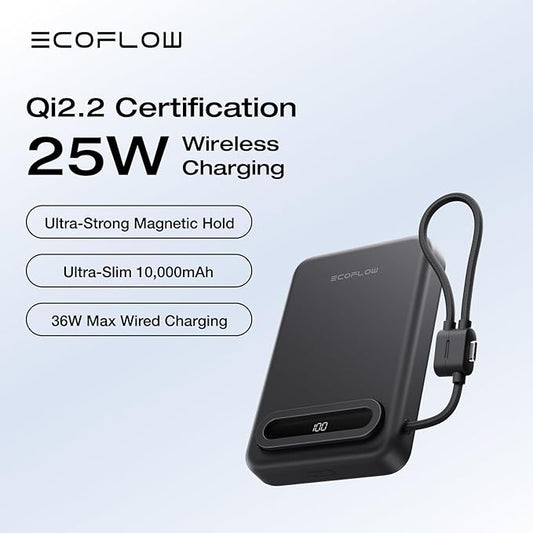 EF ECOFLOW Rapid Mag Power Bank 10,000mAh, Qi2.2 25W Wireless Charging, 0.6'' Slim Magnetic Portable Charger, Built-in USB-C Cable, Qi2 Certified Magsafe-Compatible Battery for iPhone 17/16/15, Black