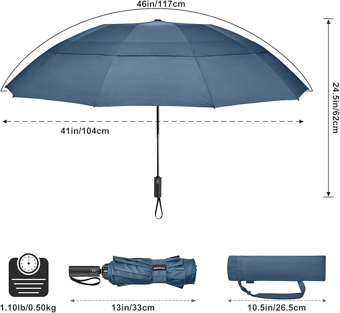 Prospo 46/62 Inch Large Travel Umbrellas for Rain Windproof, 10 Ribs Compact Reverse Folding Golf Umbrella, Double Canopy Automatic Open Close