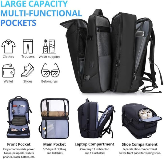 Travel Backpack for Men 50L Expandable Flight Approved Carry on Backpacks Luggage for Travel Water Resistant 17.3 inch Laptop Backpack with USB Charging Port