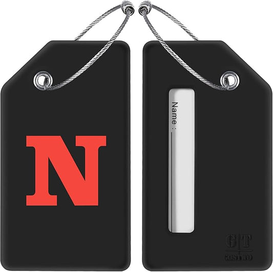 Gostwo 2 Pack Silicone Luggage Tags for Suitcases, 26 Initial Letter Baggage Labels Handbag School Bag Suitcase Instrument Tag with Stainless Steel Loop(Black)(Letter N)