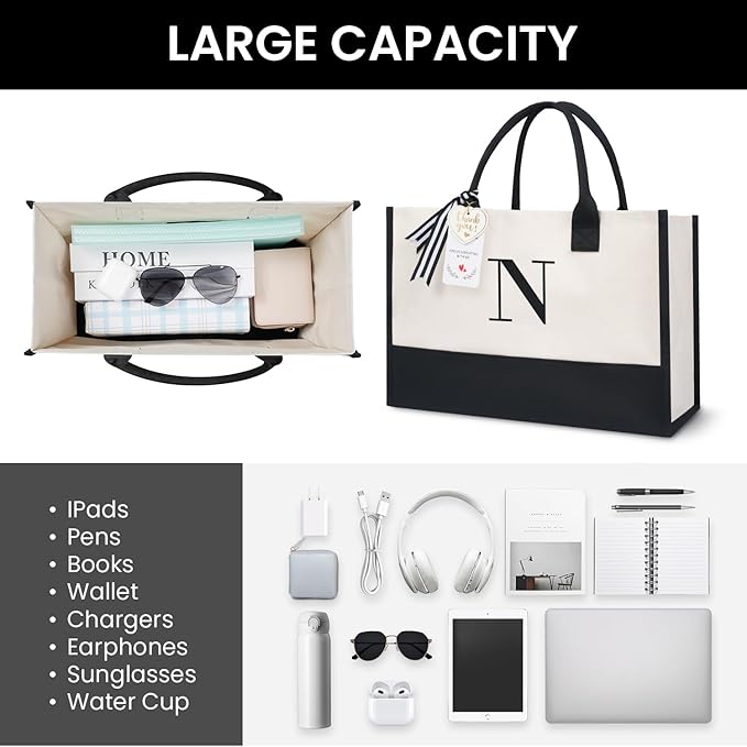 BAGAIL Initial Tote Bag, Personalized Birthday Gifts for Women, Teacher, Friends, Mom, Wedding, Monogrammed Beach Bag