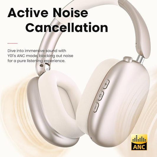 Wentronic Y01 Wireless Noise Canceling Headphones Bluetooth 5.3 Over Ear Headphones with Microphone, Hi-Res Audio, 48H Playtime, Foldable Comfortable Earpads,Compatible with iOS,Android,PC, Starlight