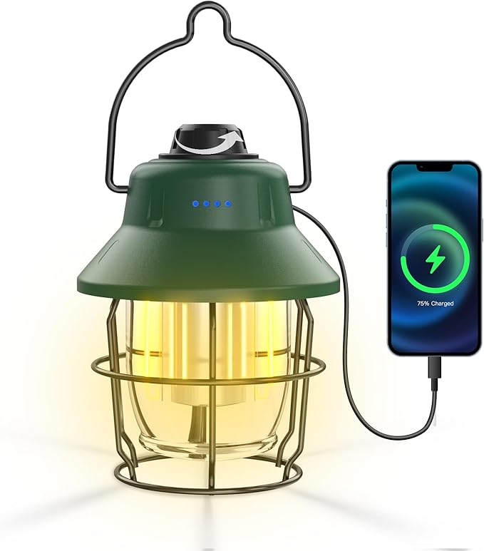 JINIU Rechargeable LED Camping Lantern, Mini Retro Portable Waterproof Lantern, 1000LM, 3 Light Modes (2700-6500K) Stepless Dimming Brightness, Hanging Tent Light for Camping, Power Outages