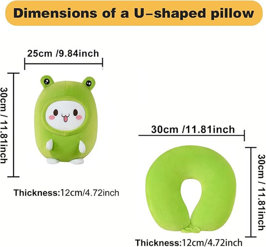 Kids Travel Pillow - 2-in-1 Deformable Kids Neck Pillow for Traveling, Soft U-Shaped Pillow with Adorable Animal Design, Comfy Sleep and Play, Ideal for Airplanes and Traveling (Green Frog)
