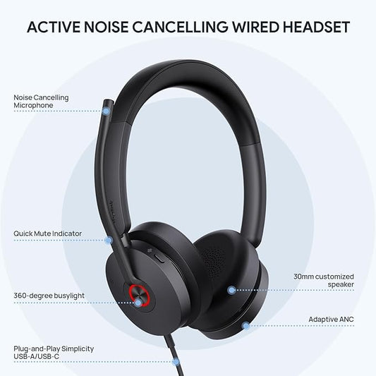 Yealink UH48 ANC USB Headset with Microphone, Active Noise Cancelling Wired Headphones for PC Computer, Works with Zoom Teams and Other Call Platforms, All Day Comfort, Mute Button