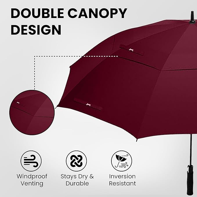 Golf Umbrella Windproof - 62/54/47 Inch Large Umbrellas For Rain Heavy Duty - Automatic Open Ultimate UV Protection - Water Repellent Double Canopy Vented - Best Sports Umbrella