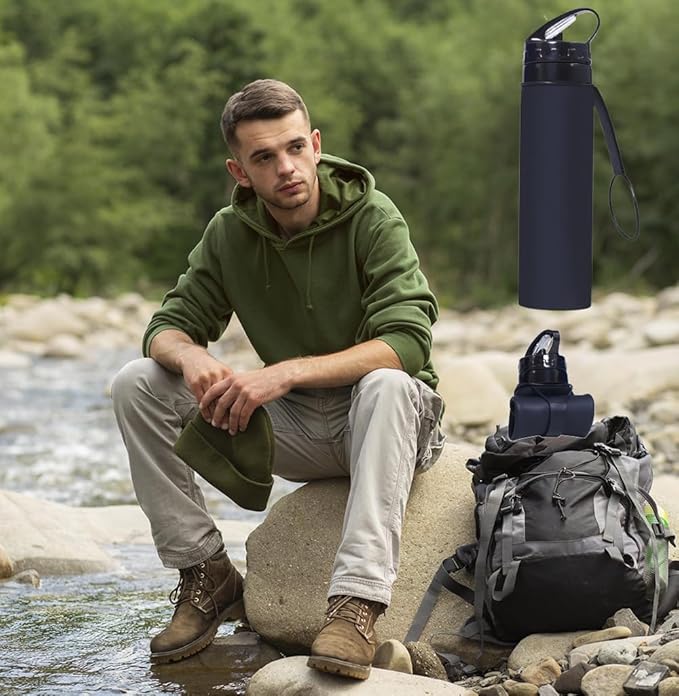 ZZT Collapsible Water Bottles 20oz, BPA Free,Sports Water Bottle,Foldable Travel Water Bottle with Straw Strap for Gym,Cycling, Hiking, Outdoors (Black)