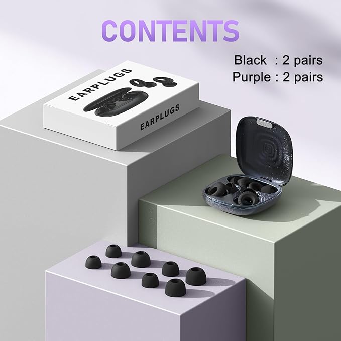 Silicone Ear Plugs for Sleeping, Noise Cancelling Reusable Earplugs with Comfortable Fit – Hearing Protection for Sleep, Concerts, Travel – 4 Pairs, Black + Purple