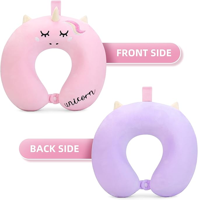 Kids Neck Pillow, Unicorn Kids Travel Neck Pillow for Traveling with Eye Mask, Toddler Travel Essentials for Road Trip Airplane Car Seat, Cute Headrest Memory Foam Pillows for Girl Gift (Pink)