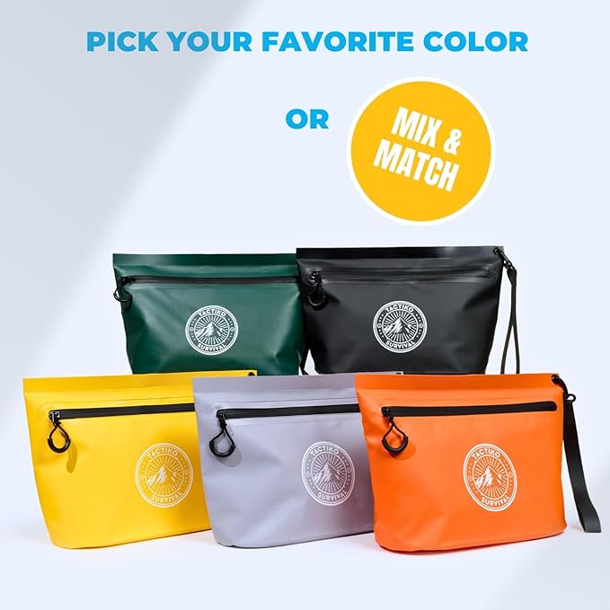Tactiko 3L Water Resistant Pouch - Waterproof Material w/Splashproof Zipper - Hold All Zipper Bag for Storage, Toiletries, Travel, Beach, Cruise, Home (Orange)