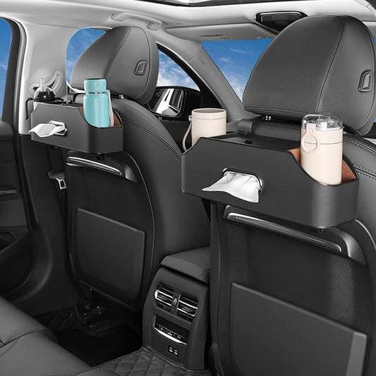 Car Seat Back Organizer - Stylish & Functional Storage for Family Adventures - Cup Holders, Tissue Box & Hooks - Perfect for Kids, Road Trips & Travel (Black)