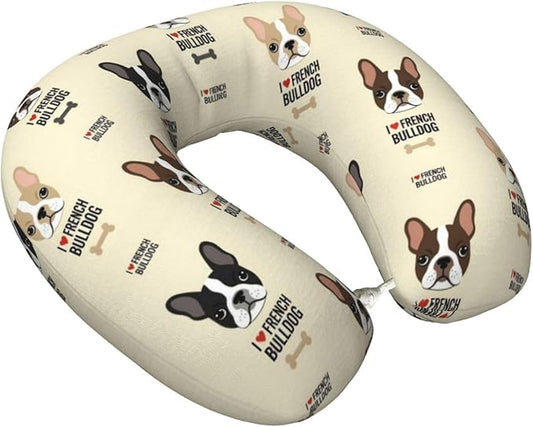 Comfortable Memory Foam Travel Neck Pillow, Funny Chin/Head Cushion Supporting Airplane Car Pillows I Love French Bulldog for Sleeping Outdoors Travel Office
