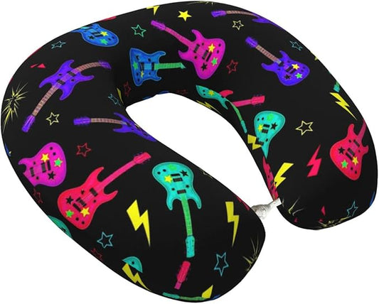 Breathable Neck Pillow for Sleeping Rest Nap Trippy Neon Electric Guitars, Airplanes/Car/Home Memory Foam Travel Cushion with Polyester Cover Washable for Women Men