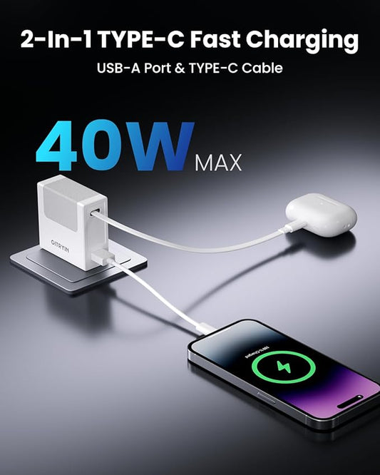 Gitryin Portable Phone Charger Block, Retractable Wall Charger with 33.5in Type-C Cable, 40W PD Fast Charging Block with USB A Port, Power Adapter with Foldable Plug for iPhone 16/15, Galaxy S23 22