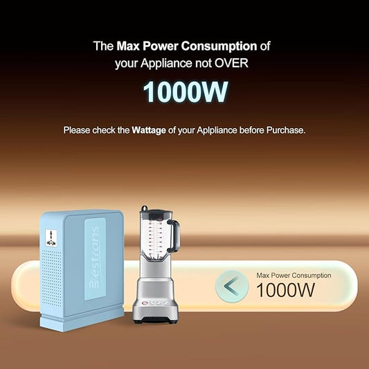 1000W Step Up Transformer 110v to 220v Converter, Heavy Duty Voltage Converter 110v to 220v with Dual Outlets, Overload Protection & Ultra-Quiet Design for Home Appliances, Light Blue