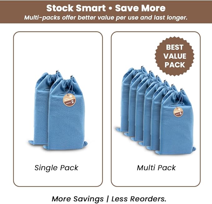 LFH Cotton Rich Shoe Storage Bags with Drawstring, Dustproof Breathable Reusable Organizer, Perfect For Travel, Dorm, Hotel, College, Gym, Easy to Carry, Machine Washable 8"x17" (Pack of 4) - Sky Blue