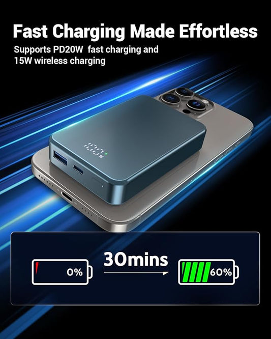 Magnetic Power Bank 26800mAh for Magsafe Portable Charger, Aluminum Alloy Large Capacity 20W USB-C in&Out Wireless Fast Charging for iPhone17Pro Max/16/15/14/13/12 Series, Blue