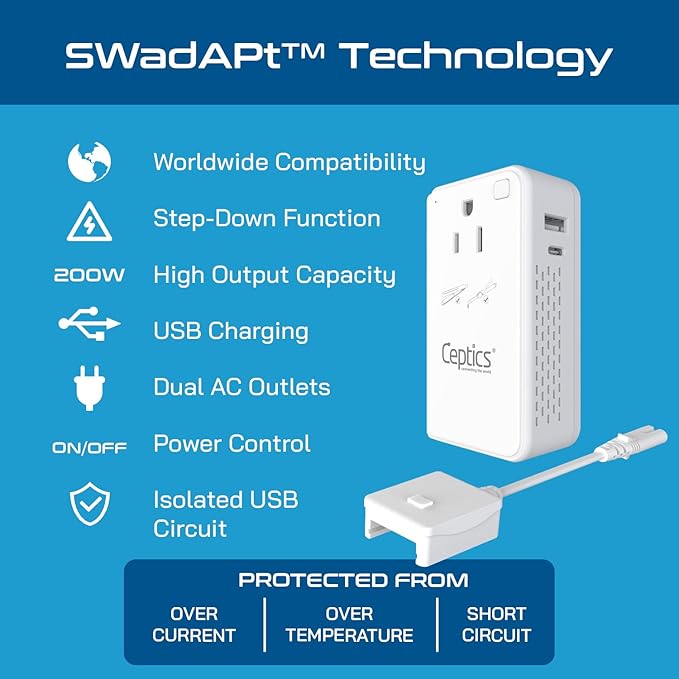 Ceptics Step Down Voltage Converter US to Europe - 200W Convert 220V to 110V for Curling Iron, Straightener, Charger – USB-A & C Fast Charging – SwadApt Type A, B, C, E/F, G, I Included