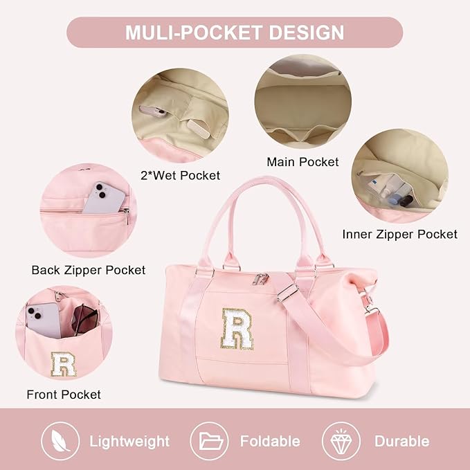 Dance Gym Duffel Bag for Teen Girls, Personalized Initial Travel Weekender Bag,Cute Overnight Carry On Duffle for Women,Sports Travel Cheer Bag,Monogram Christmas Gifts for Tween Preppy(pink-R)