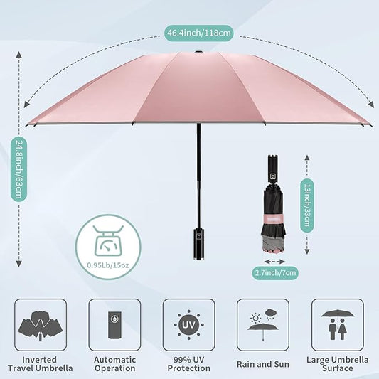 Yoobure Inverted Windproof Travel Umbrella - Automatic Umbrellas for Rain, Compact Folding with Reflective Stripe, Portable Large for Backpack, Lightweight with Sun UV Protection